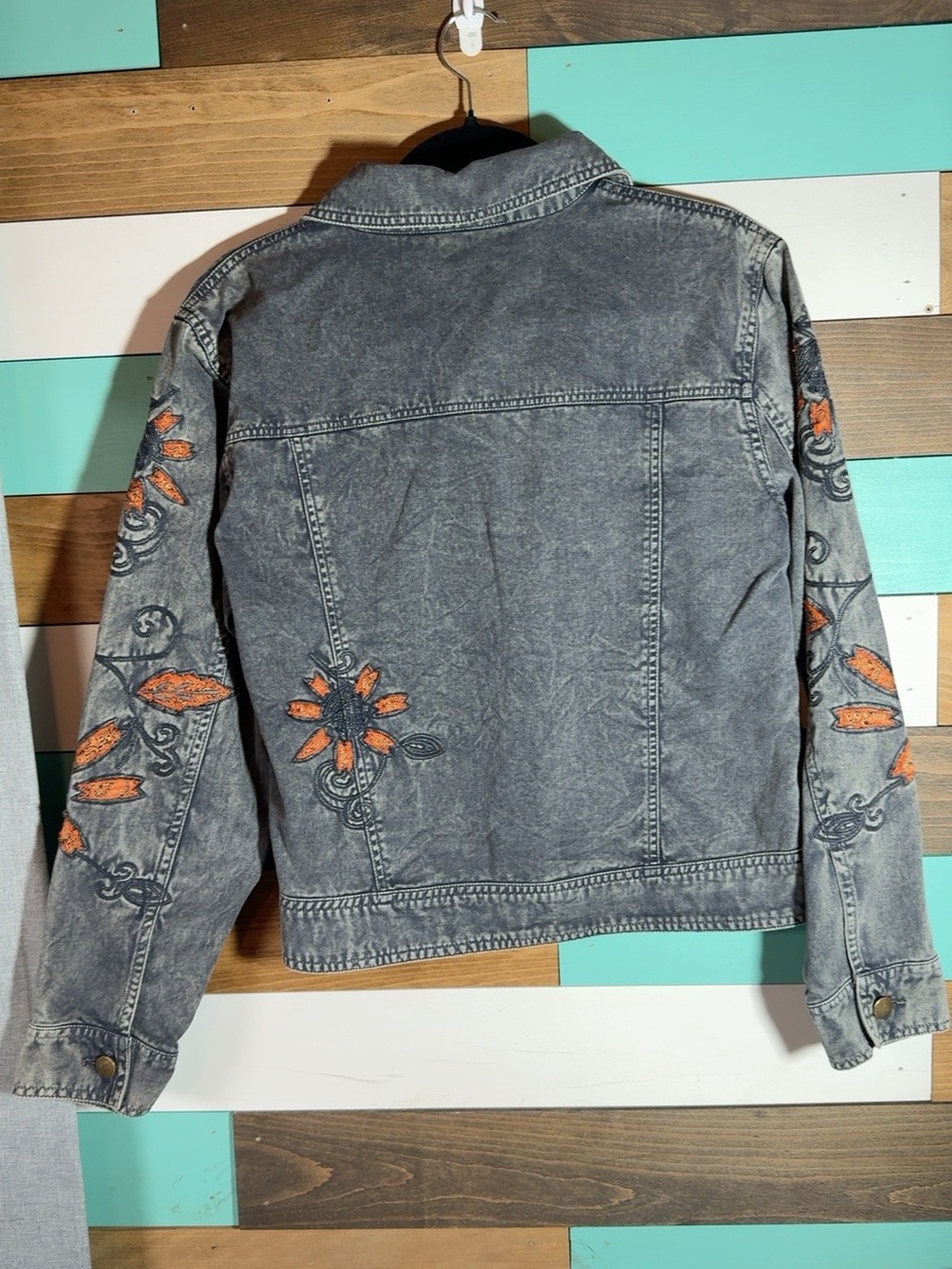Y2K Christopher & Banks M Gray Orange Floral Embroidered Denim Jacket - Picture 2 of 4